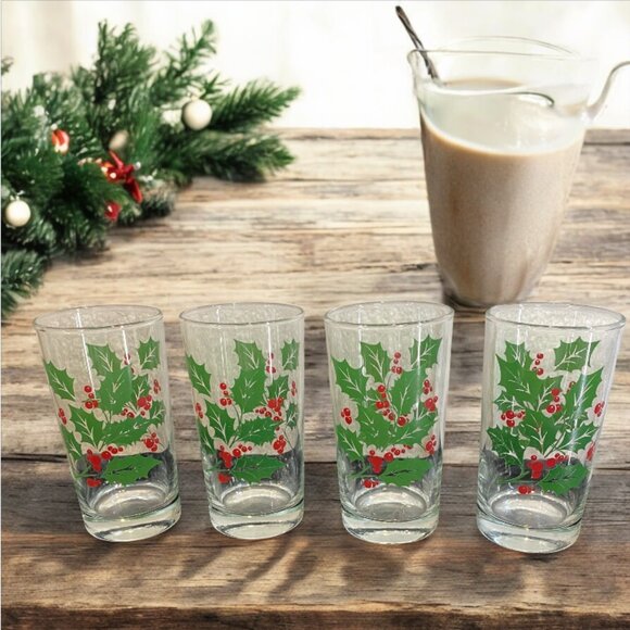 EGGNOG GLASSES -- Set of 4, Decorated with Holly and Holly Berries - Picture 1 of 3